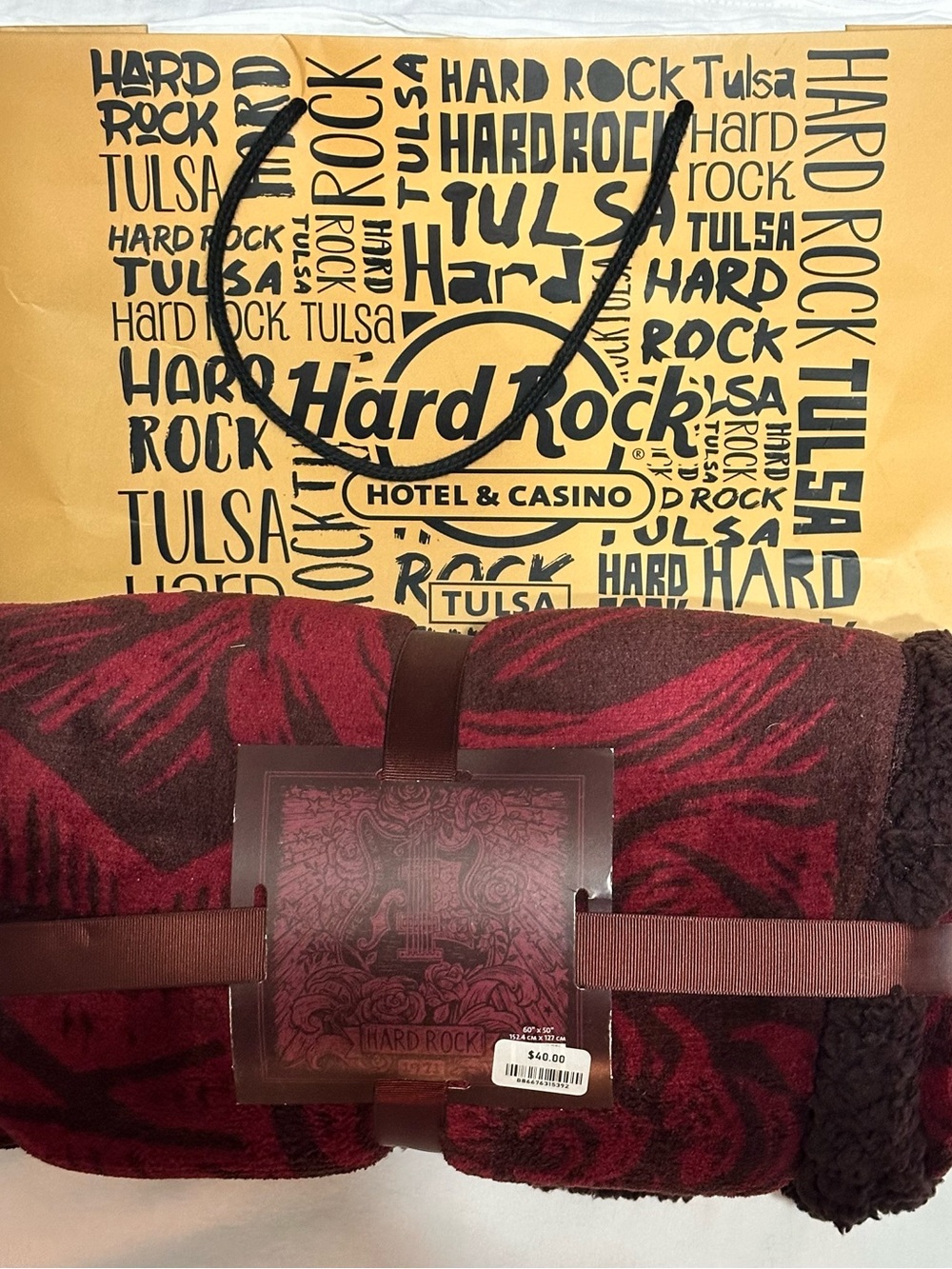 Hard Rock Cafe Red and Maroon Guitar Rose Plush Throw